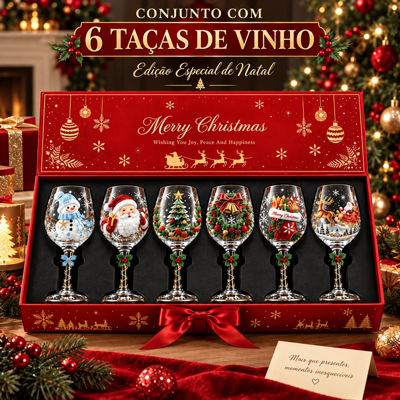 Conjunto de 6 Taças de Vinho Especial de Natal | Taças de Vidro 3D Natalinas